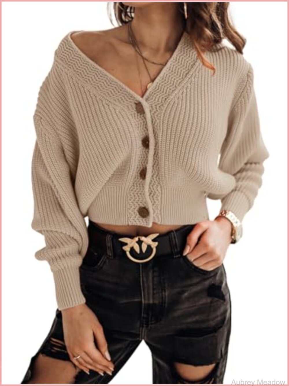 Women's Cropped Cardigan V-Neck Button Front Knit Sweater